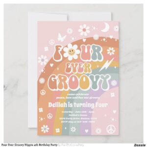 Four Ever Groovy Hippie 4th Birthday Party Invitation