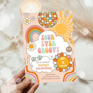Four Ever Groovy Party Retro 70s Rainbow Birthday Invitation