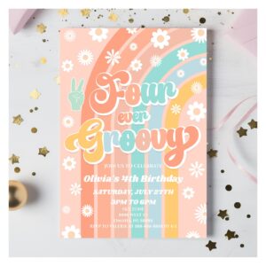 Four Ever Groovy Rainbow Daisy 4th Birthday Party Invitation