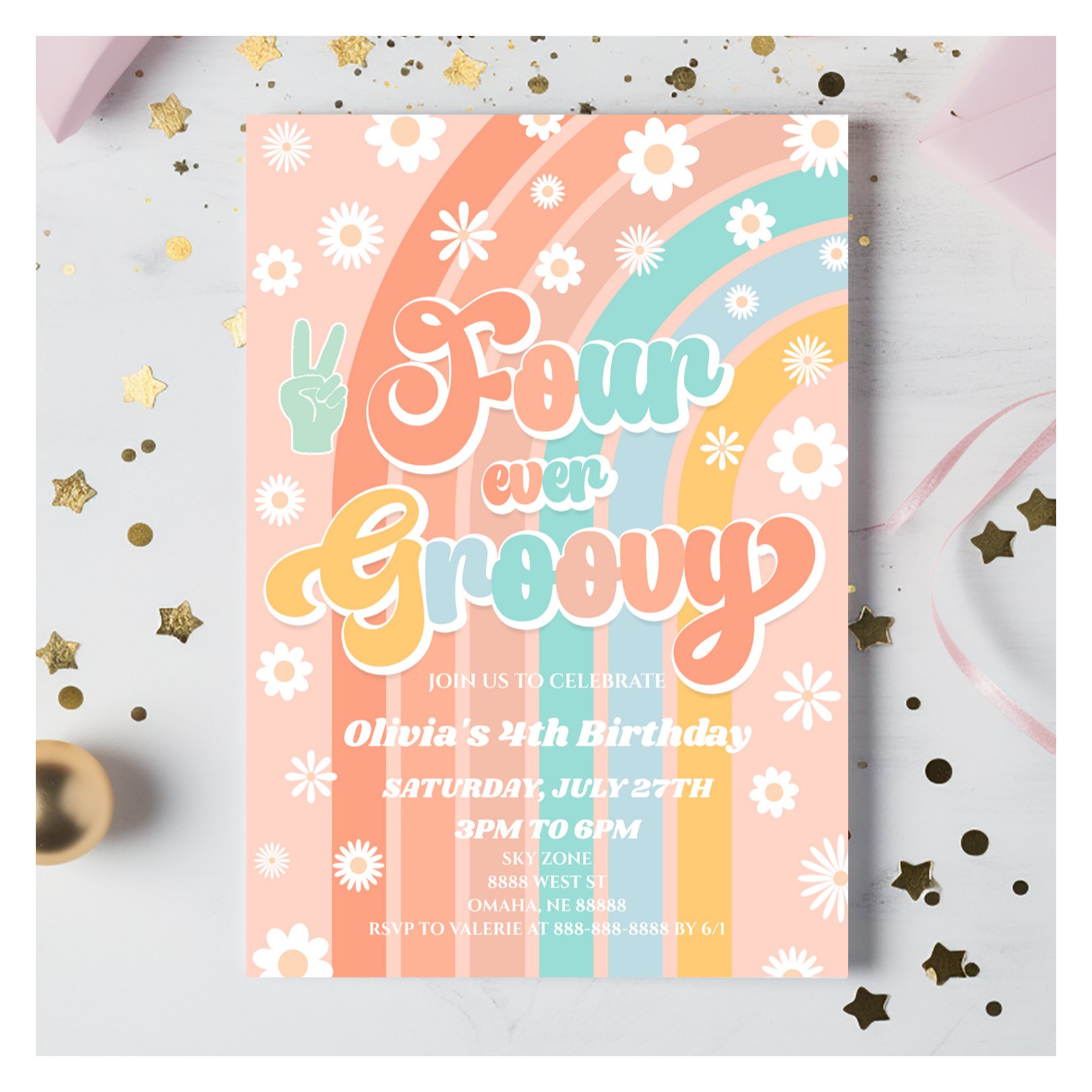 Four Ever Groovy Rainbow Daisy 4th Birthday Party Invitation