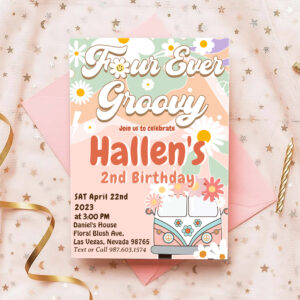 Four Ever Groovy Retro Boho Rainbow 4th Birthday Invitation