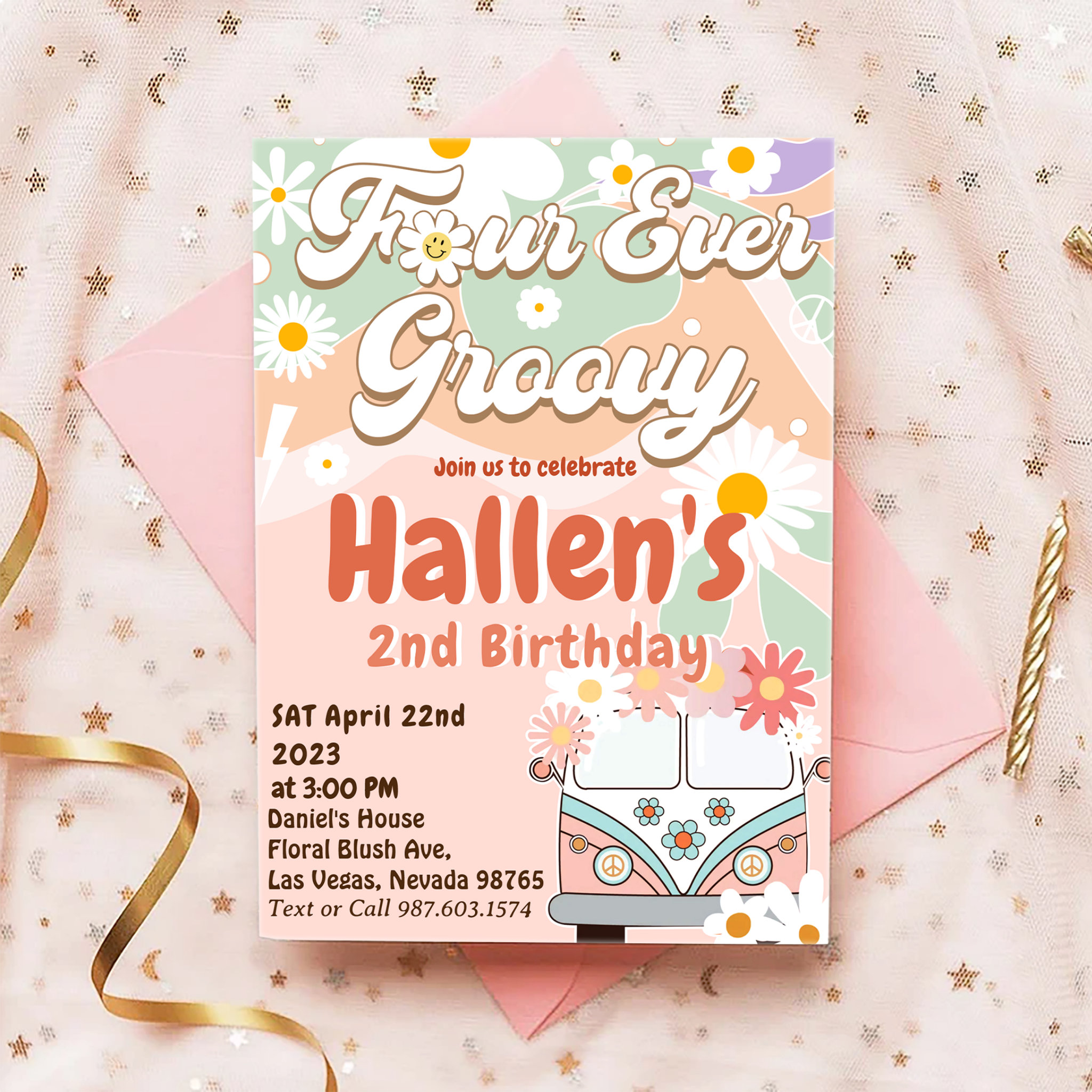 Four Ever Groovy Retro Boho Rainbow 4th Birthday Invitation