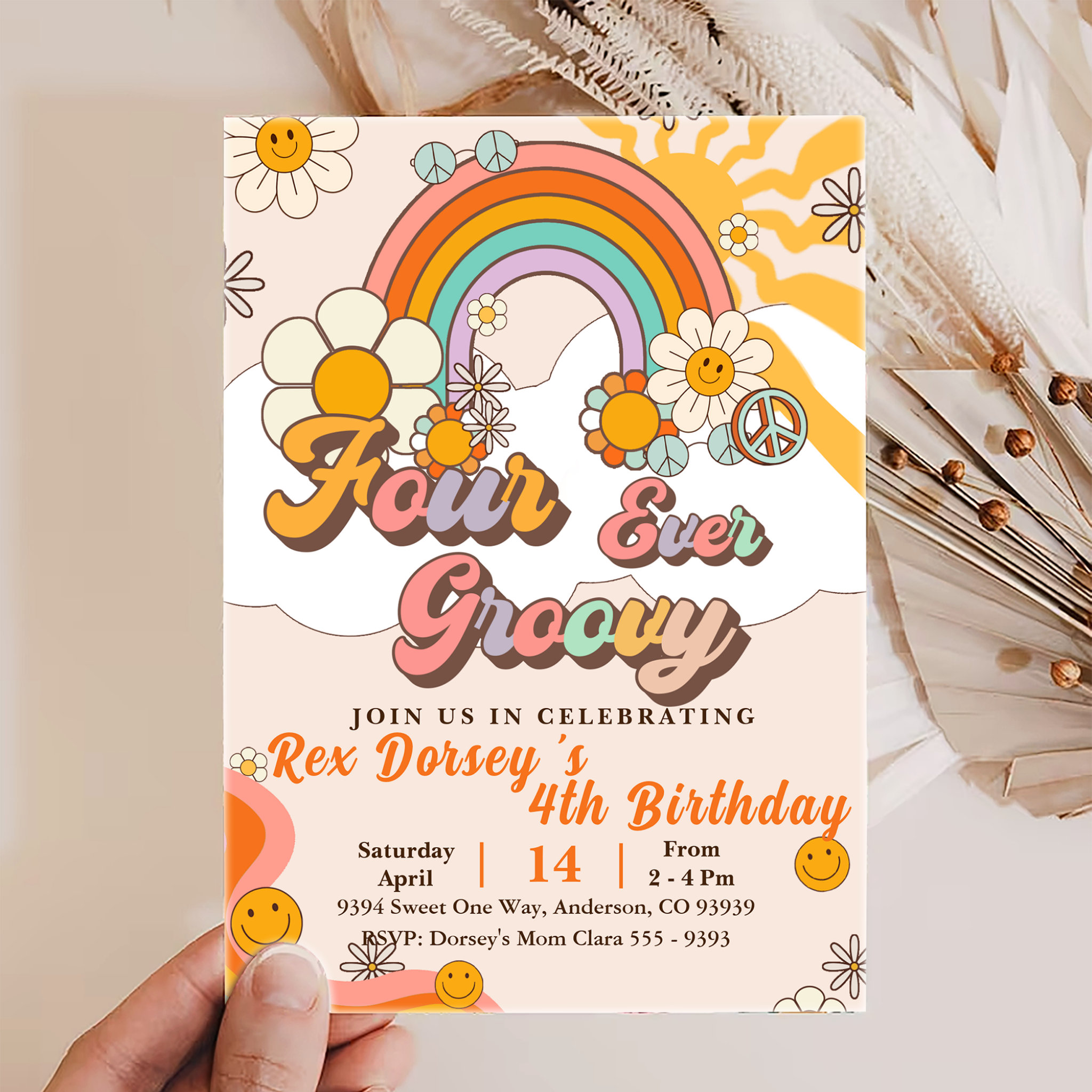 Four Ever Groovy Retro Boho Rainbow 4th Birthday Invitation