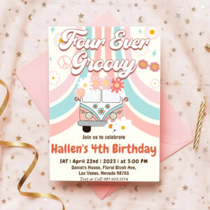 Four Ever Groovy Retro Boho Rainbow 4th Birthday Invitation