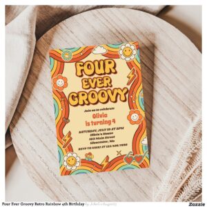 Four Ever Groovy Retro Rainbow 4th Birthday Invitation