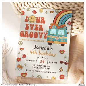 Four Ever Groovy Retro Rainbow 4th Birthday Invitation