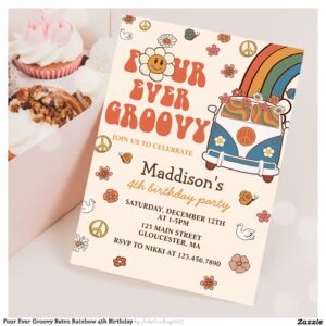 Four Ever Groovy Retro Rainbow 4th Birthday Invitation