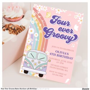 Four Ever Groovy Retro Rainbow 4th Birthday Invitation