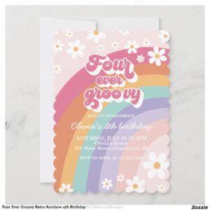 Four Ever Groovy Retro Rainbow 4th Birthday Invitation
