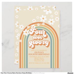 Four Ever Groovy Retro Rainbow Daisy Birthday Invitation