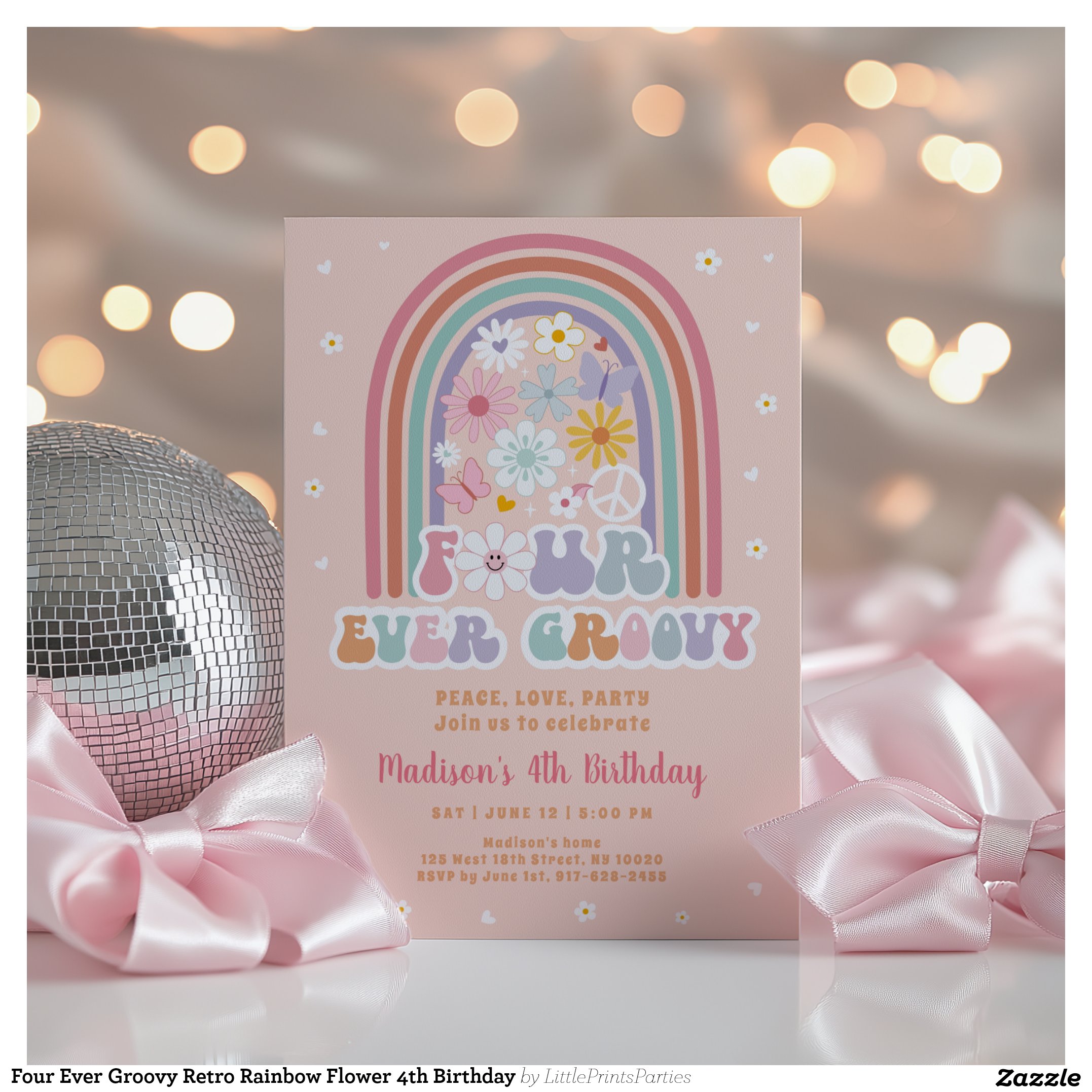 Four Ever Groovy Retro Rainbow Flower 4th Birthday Invitation