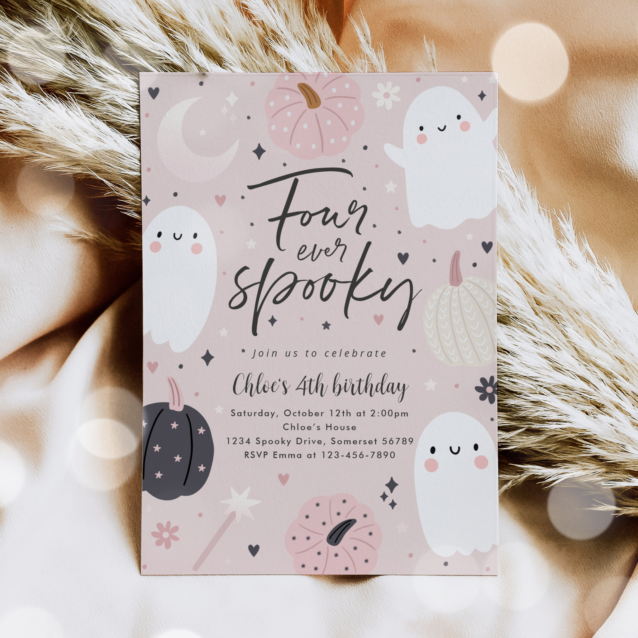 Four Ever Spooky Boho Halloween Ghost 4th Birthday Invitation