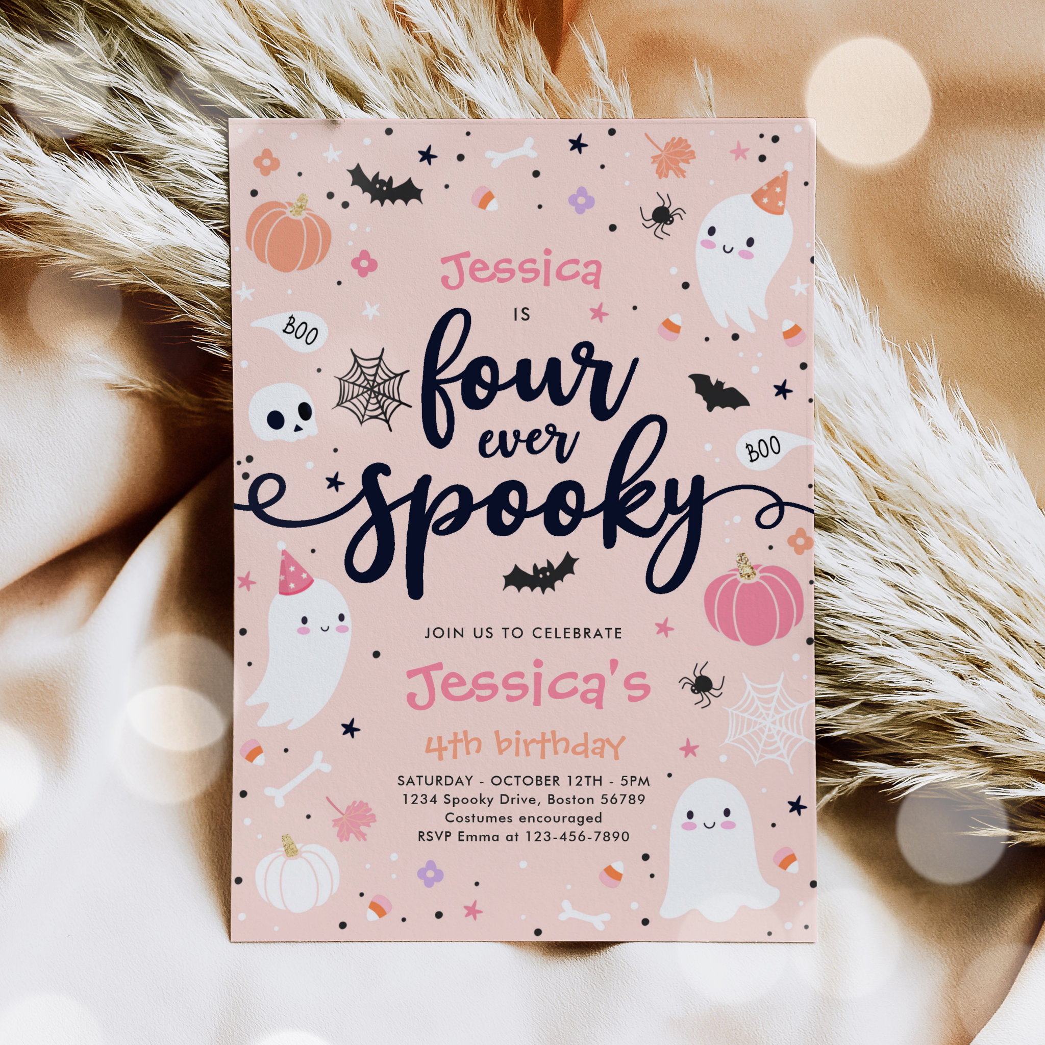 Four Ever Spooky Cute Halloween Ghost 4th Birthday Invitation