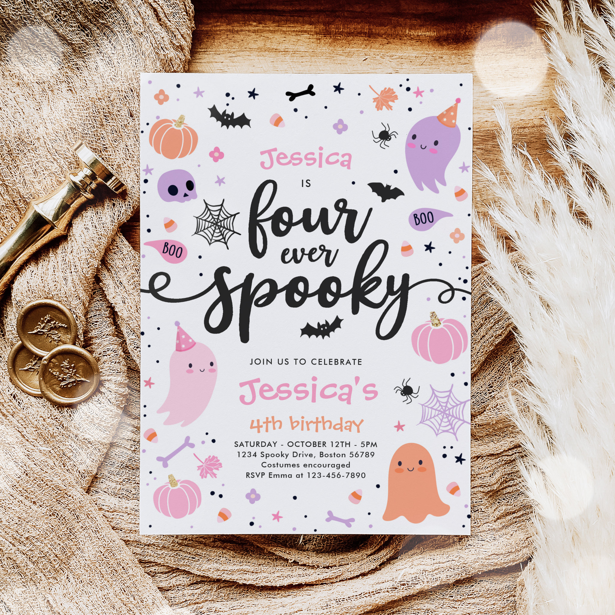Four Ever Spooky Cute Halloween Ghost 4th Birthday Invitation