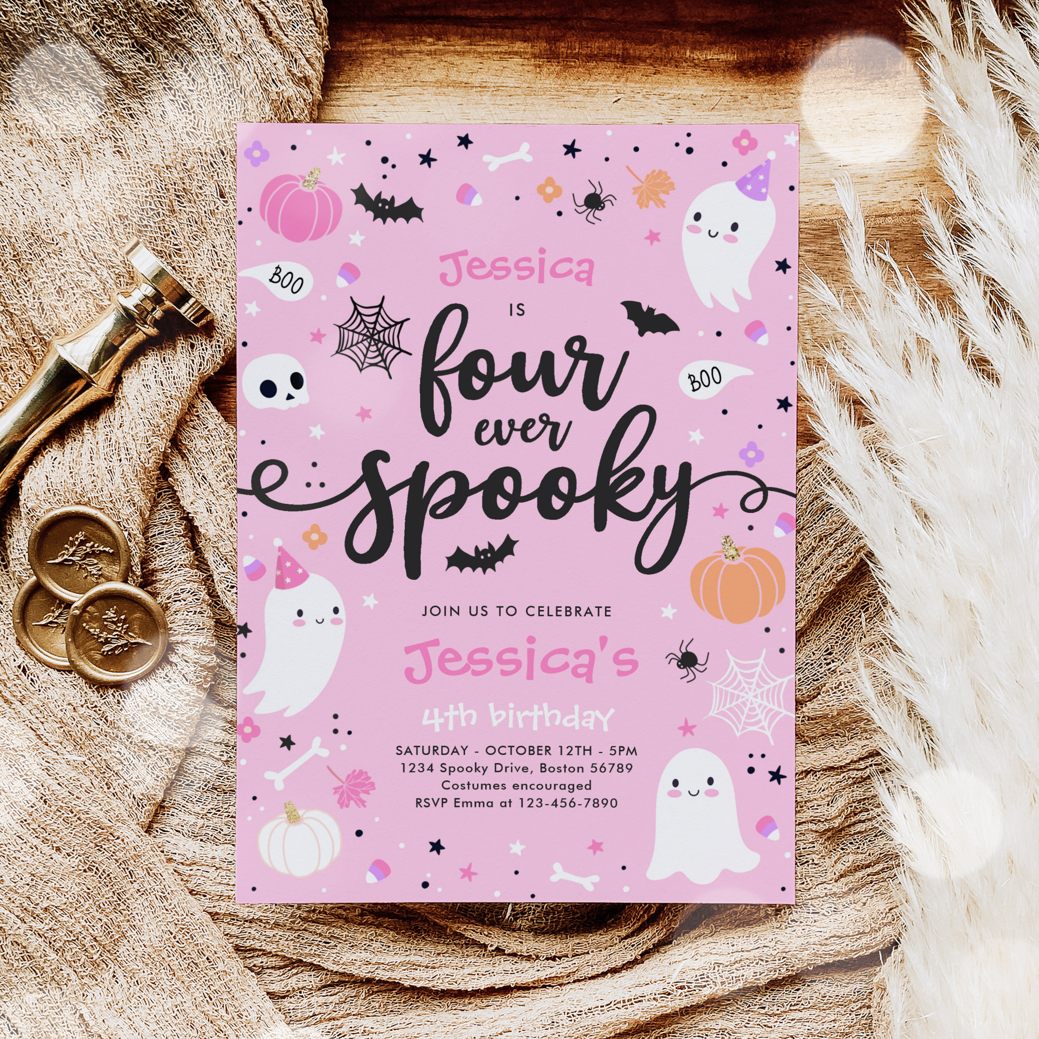 Four Ever Spooky Cute Halloween Ghost 4th Birthday Invitation