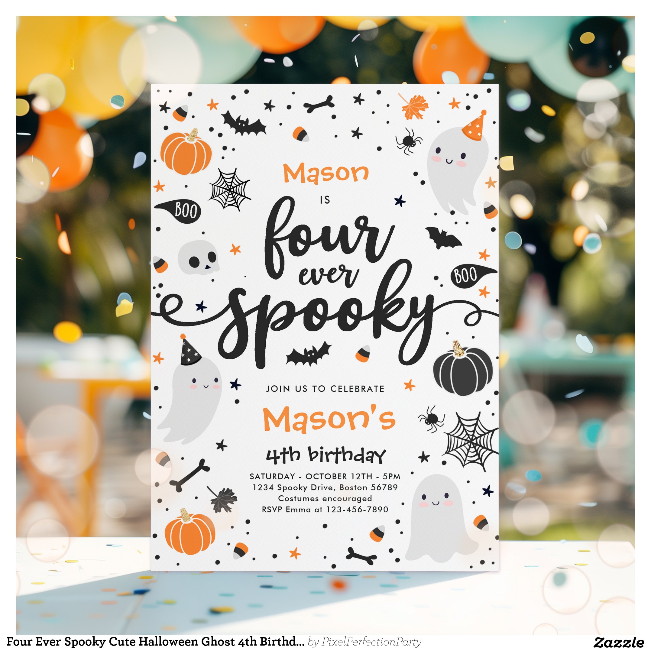 Four Ever Spooky Cute Halloween Ghost 4th Birthday Invitation