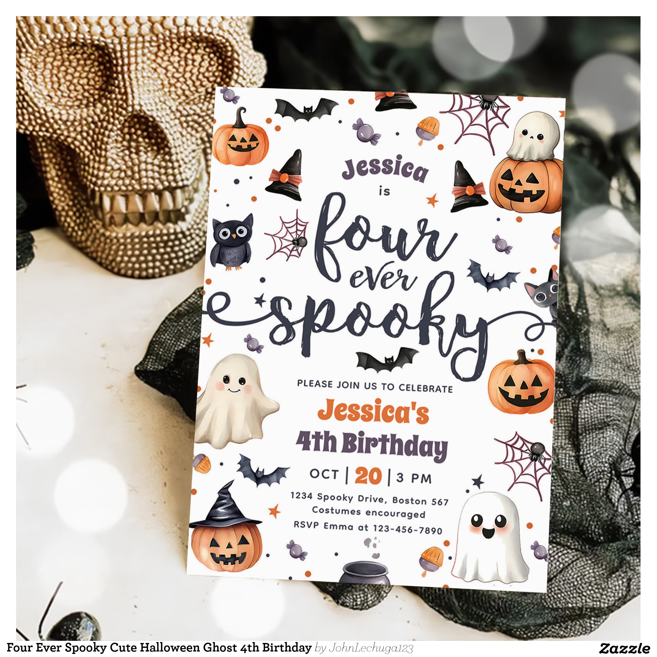 Four Ever Spooky Cute Halloween Ghost 4th Birthday Invitation