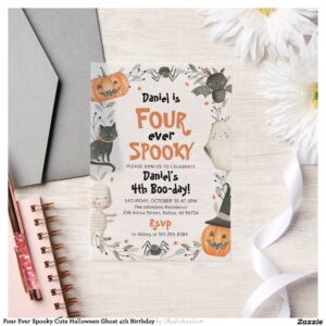 Four Ever Spooky Cute Halloween Ghost 4th Birthday Vellum Invitations