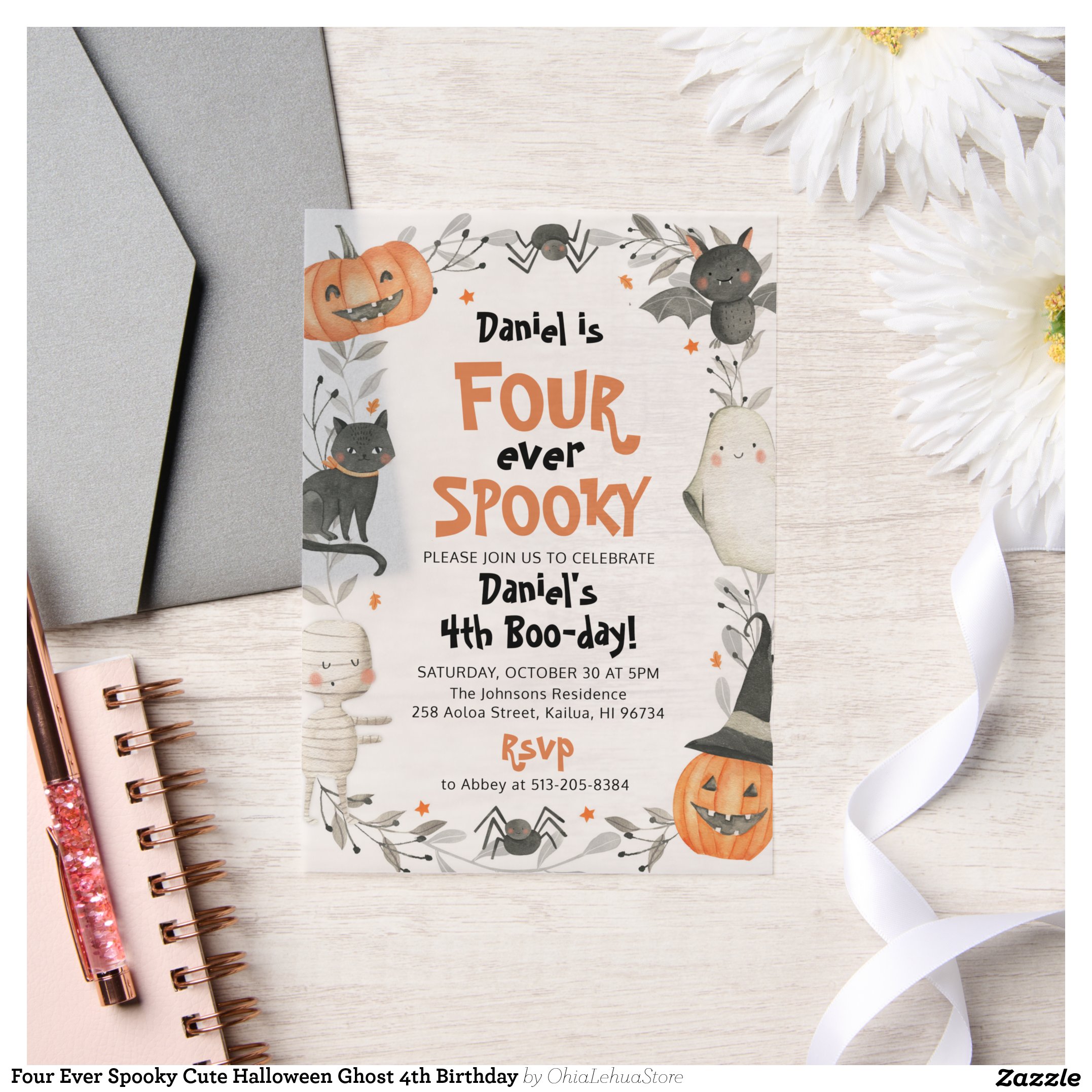 Four Ever Spooky Cute Halloween Ghost 4th Birthday Vellum Invitations