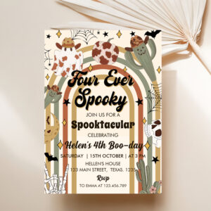 Four Ever Spooky Groovy Cactus Halloween Birthday Invitation