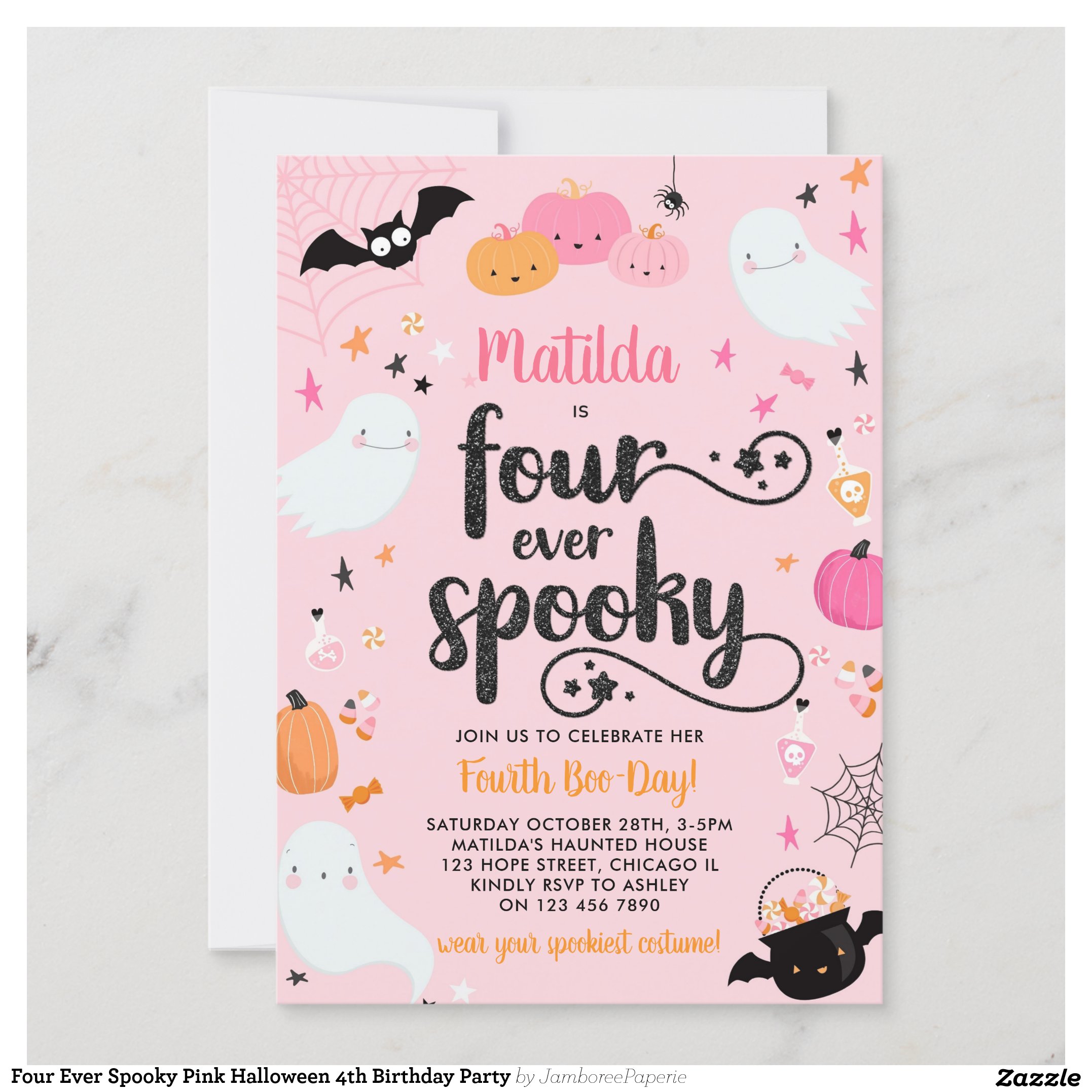 Four Ever Spooky Pink Halloween 4th Birthday Party Invitation