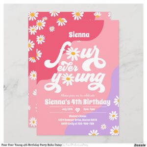Four Ever Young 4th Birthday Party Boho Daisy Invitation