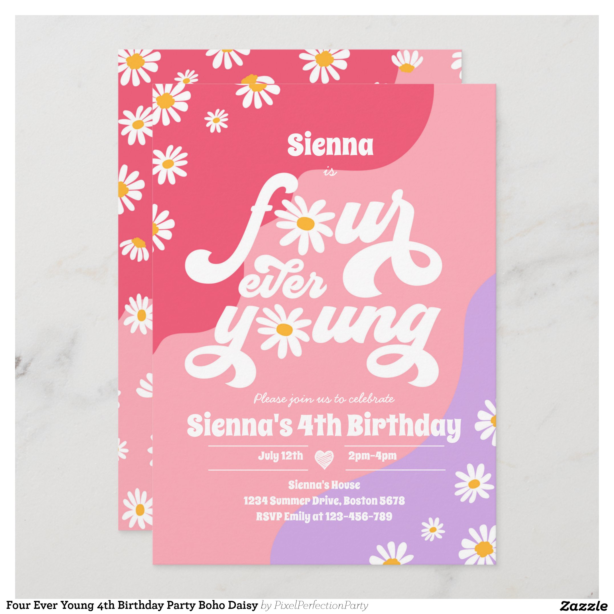Four Ever Young 4th Birthday Party Boho Daisy Invitation