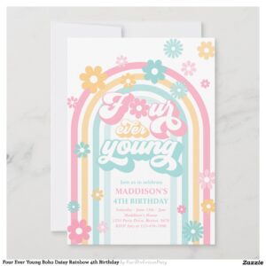 Four Ever Young Boho Daisy Rainbow 4th Birthday Invitation