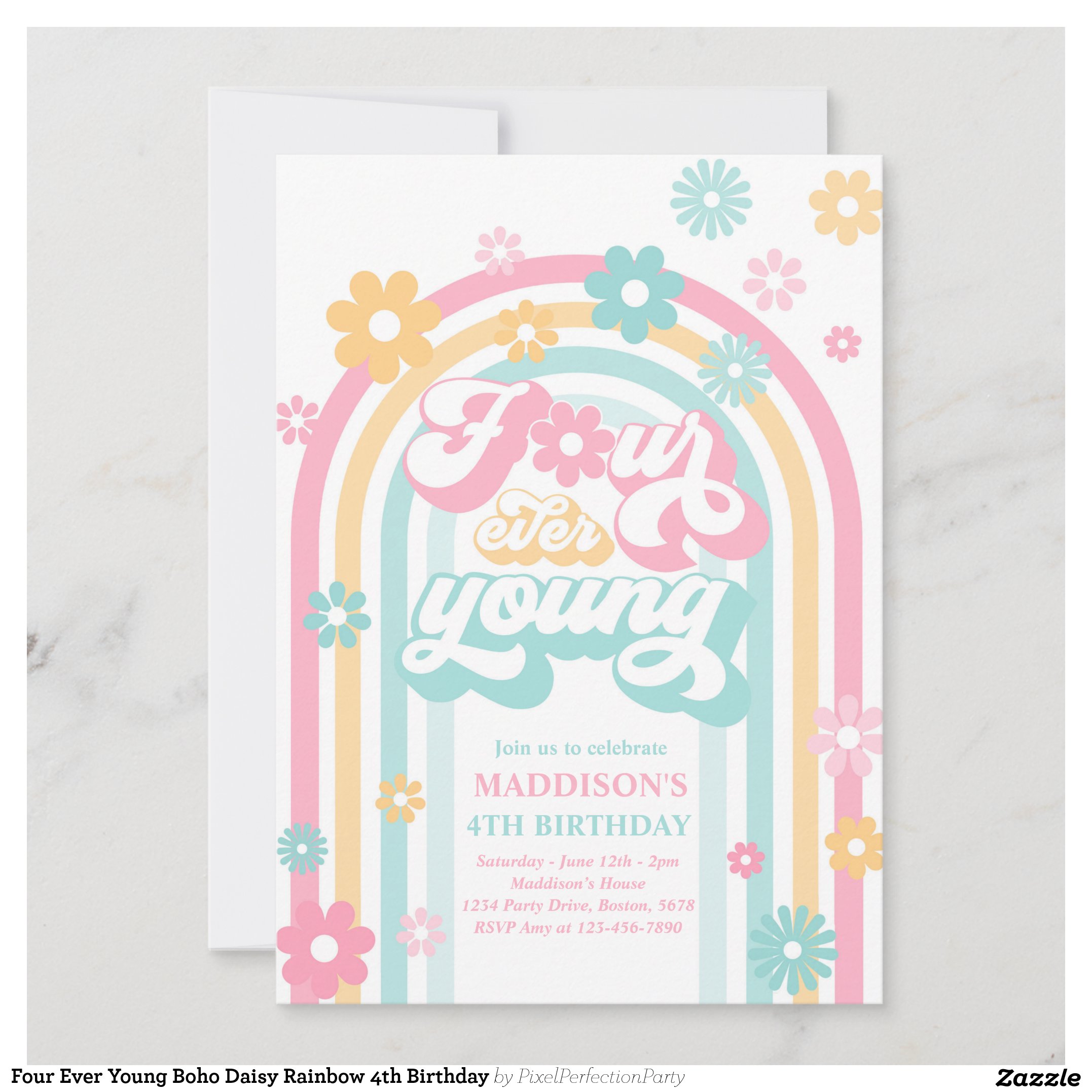 Four Ever Young Boho Daisy Rainbow 4th Birthday Invitation