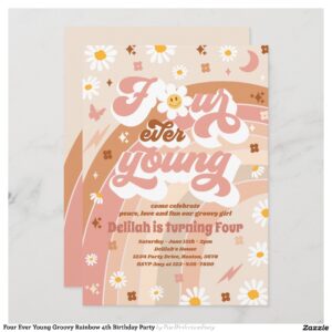 Four Ever Young Groovy Rainbow 4th Birthday Party Invitation