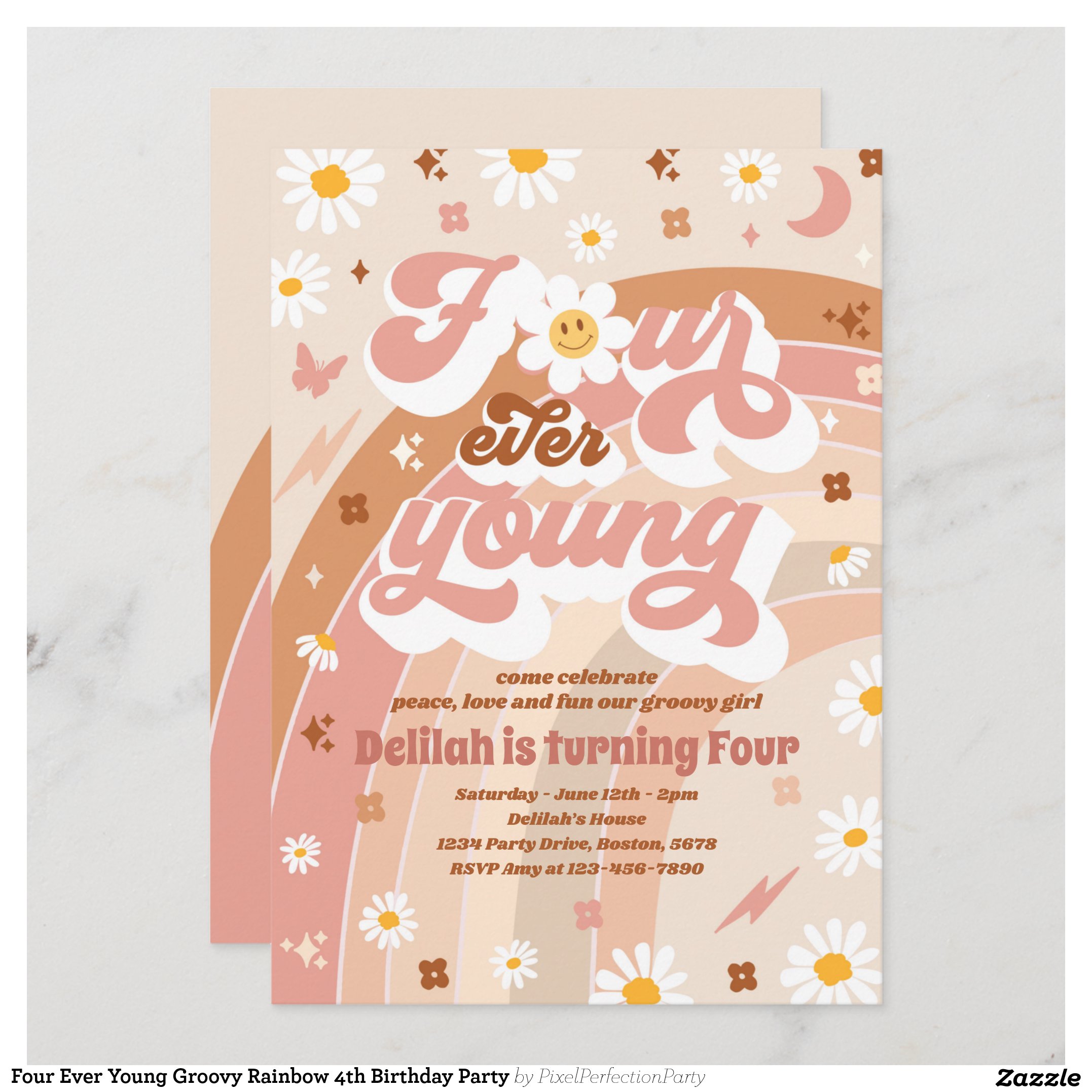 Four Ever Young Groovy Rainbow 4th Birthday Party Invitation