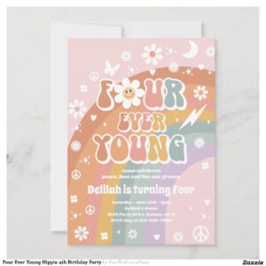 Four Ever Young Hippie 4th Birthday Party Invitation