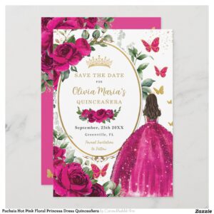 Fuchsia Hot Pink Floral Princess Dress Quincea?era Save The Date