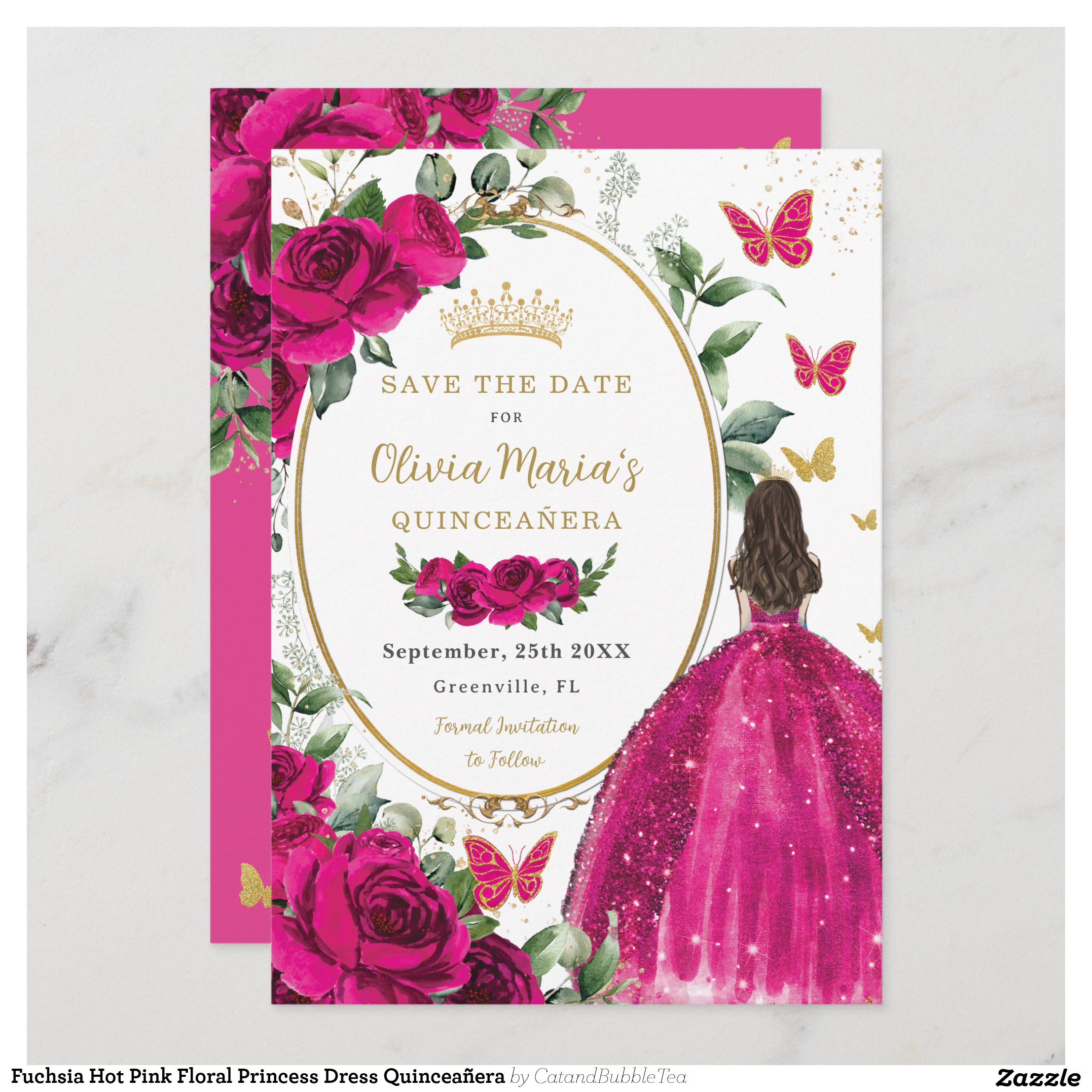 Fuchsia Hot Pink Floral Princess Dress Quincea?era Save The Date