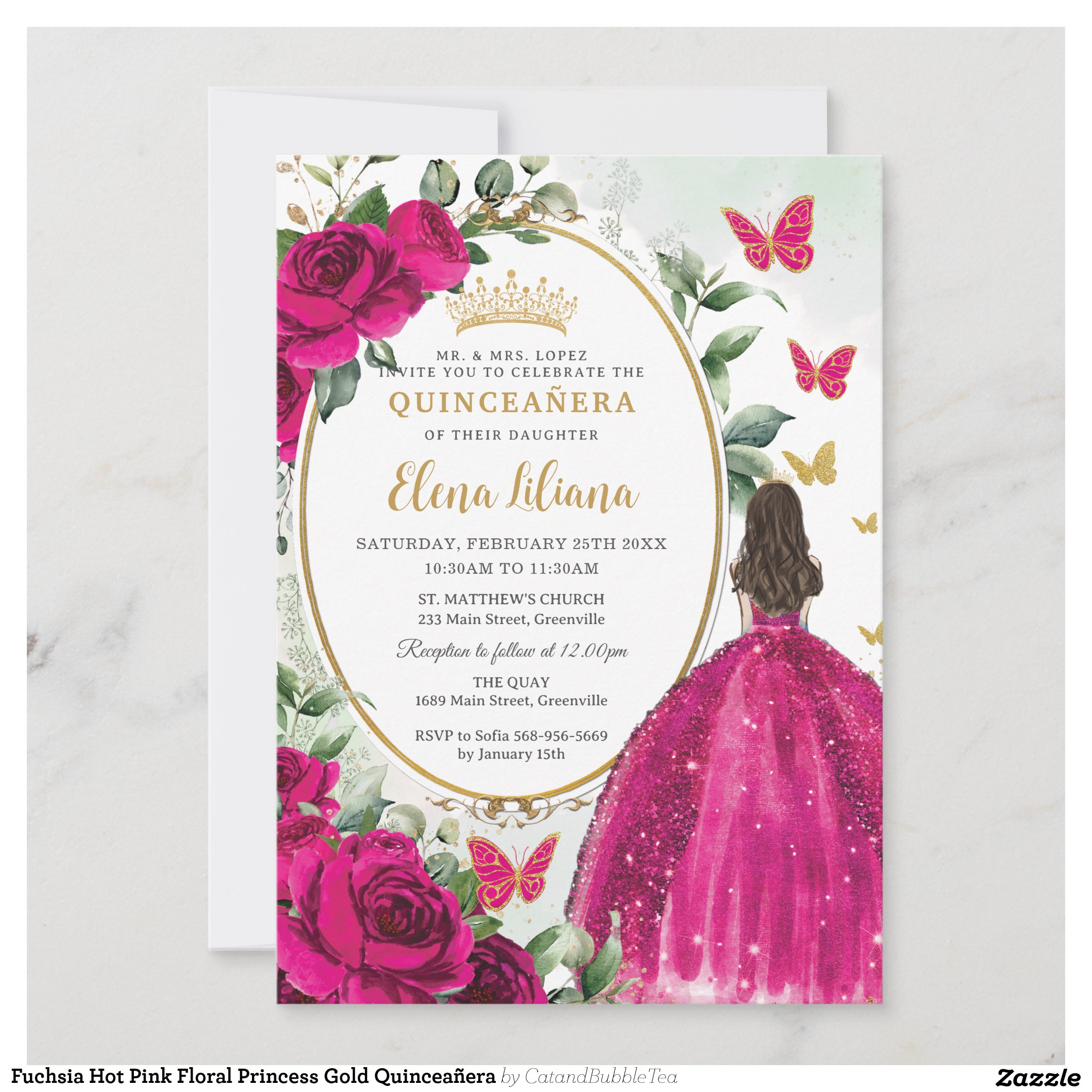 Fuchsia Hot Pink Floral Princess Gold Quincea?era Invitation