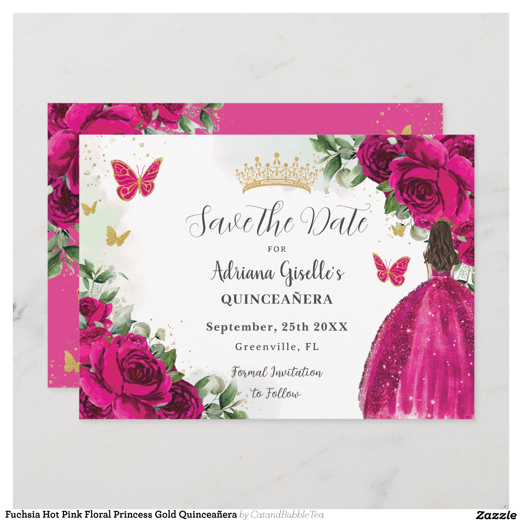 Fuchsia Hot Pink Floral Princess Gold Quincea?era Save The Date