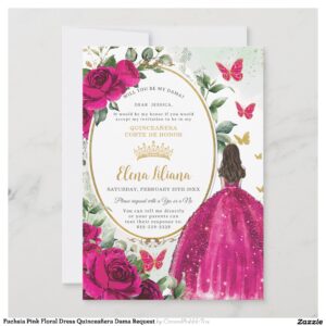Fuchsia Pink Floral Dress Quincea?era Dama Request Invitation