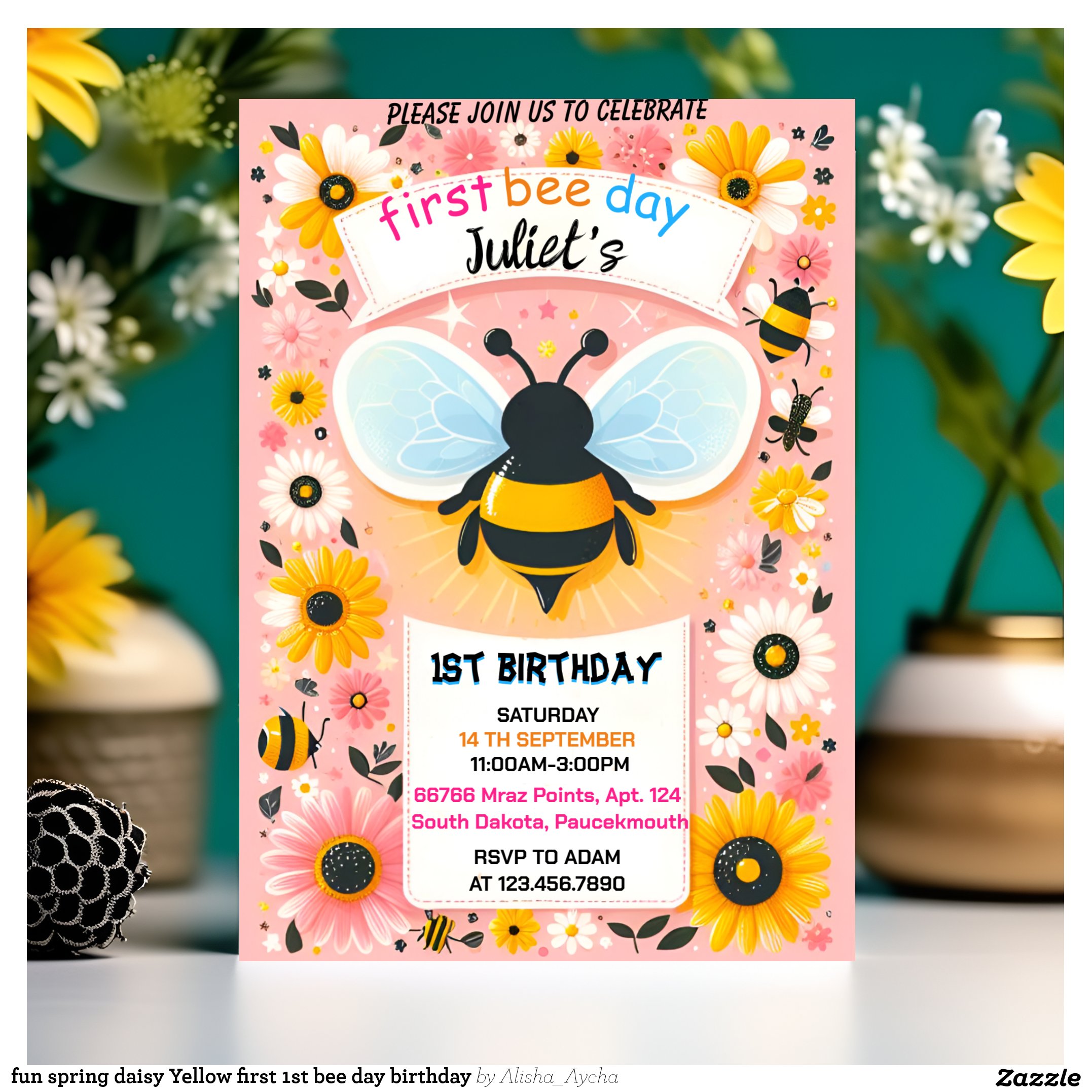fun spring daisy Yellow first 1st bee day birthday Invitation