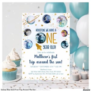 Galaxy Blue Gold First Trip Around The Sun Invitation