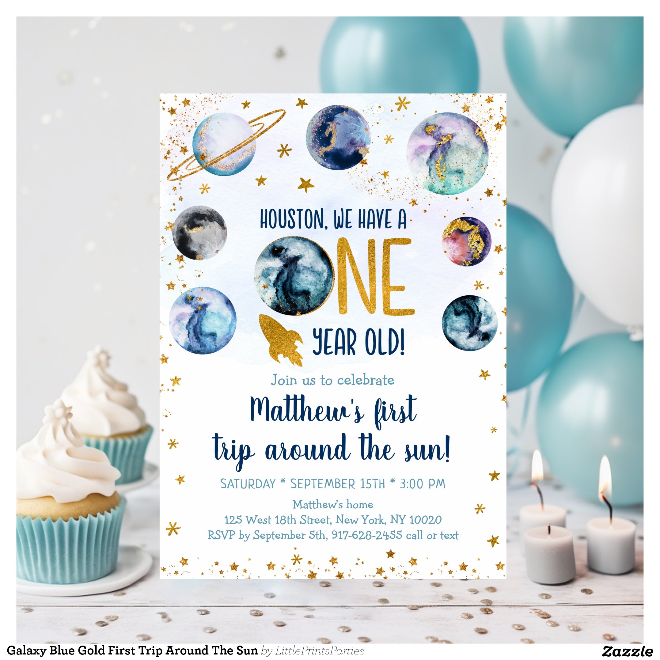 Galaxy Blue Gold First Trip Around The Sun Invitation