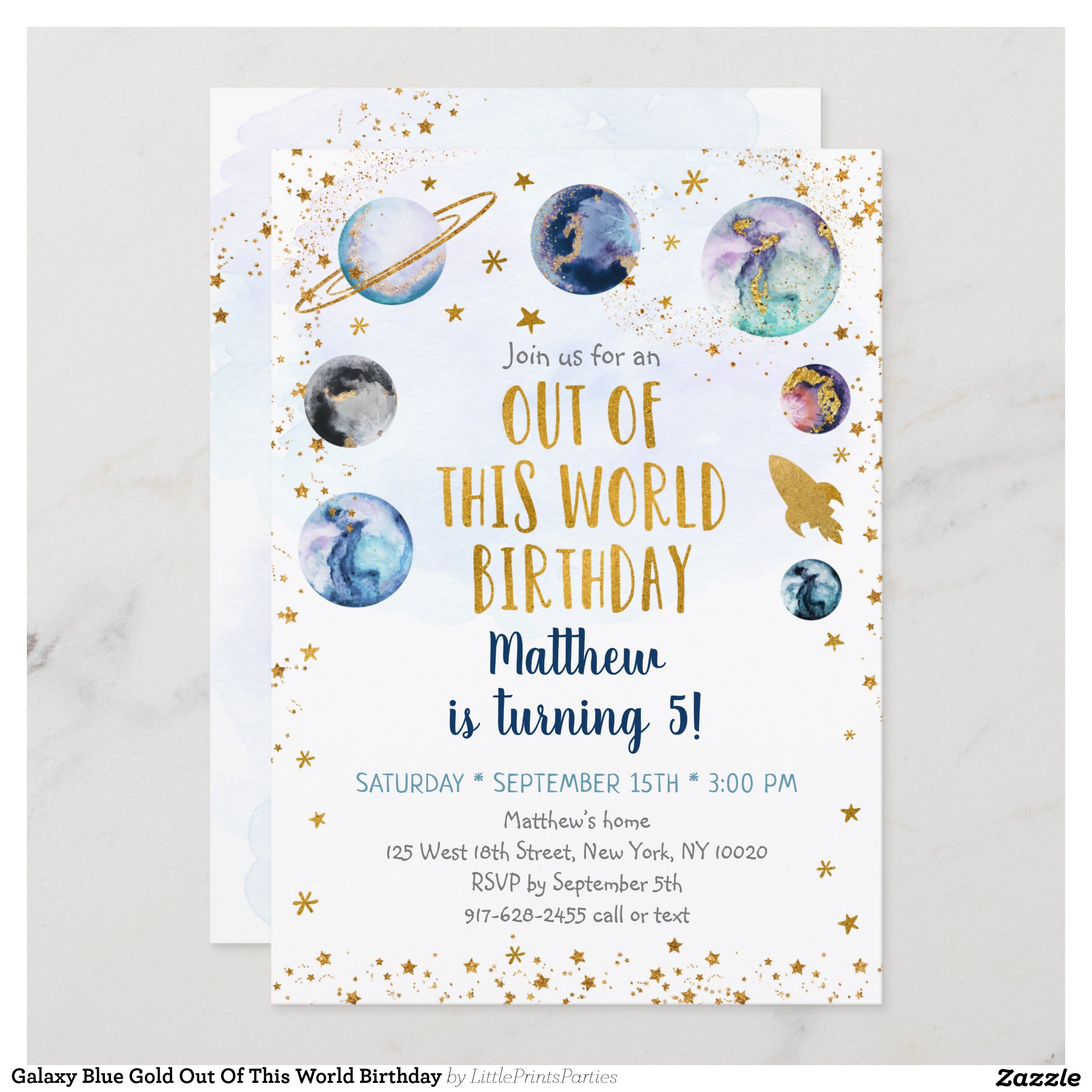 Galaxy Blue Gold Out Of This World Birthday Invitation