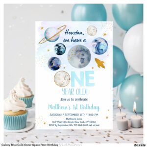 Galaxy Blue Gold Outer Space First Birthday Invitation