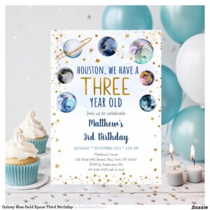 Galaxy Blue Gold Space Third Birthday Invitation