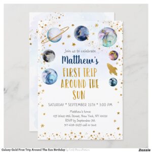 Galaxy Gold First Trip Around The Sun Birthday Invitation