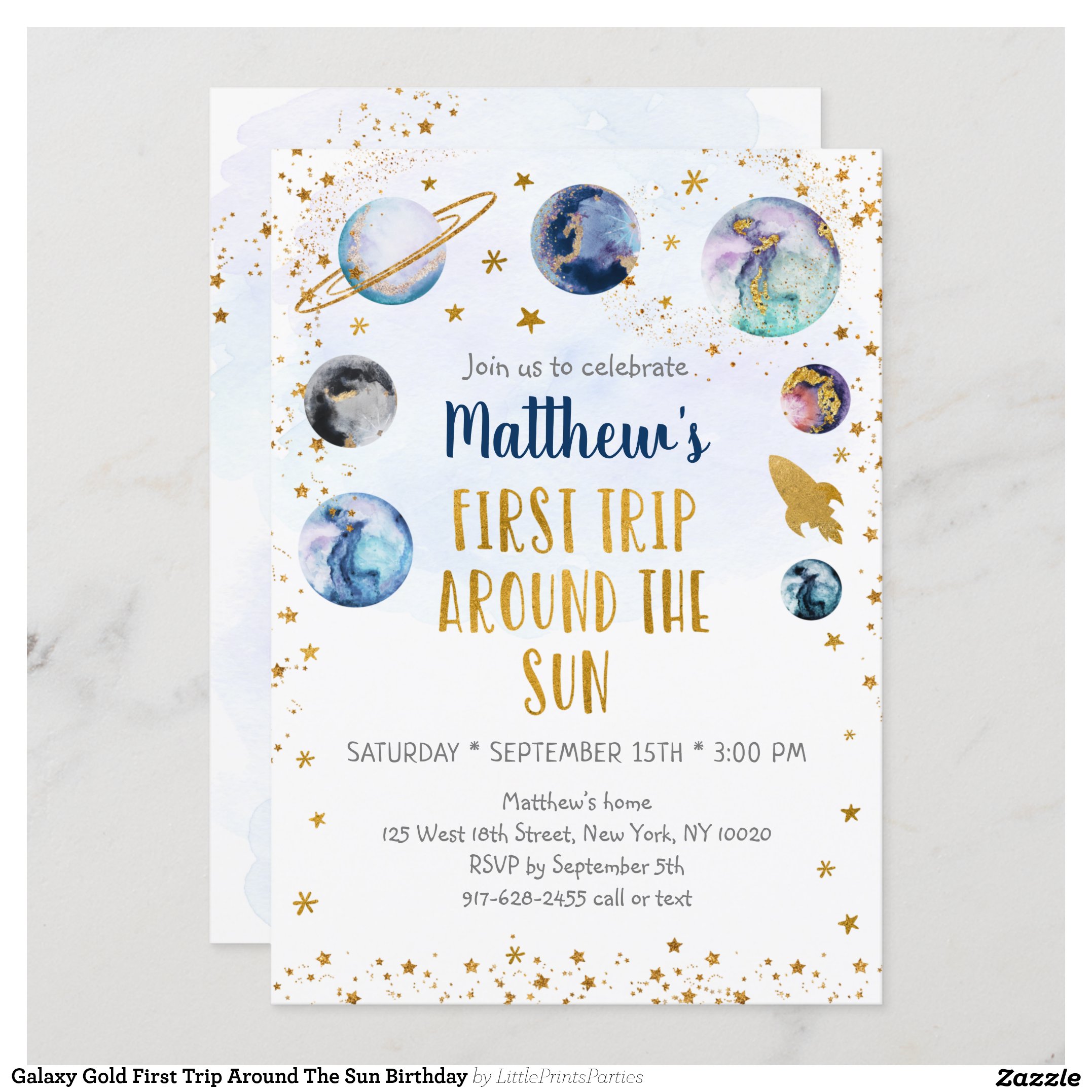 Galaxy Gold First Trip Around The Sun Birthday Invitation