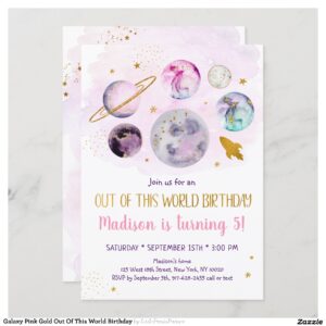 Galaxy Pink Gold Out Of This World Birthday Invitation