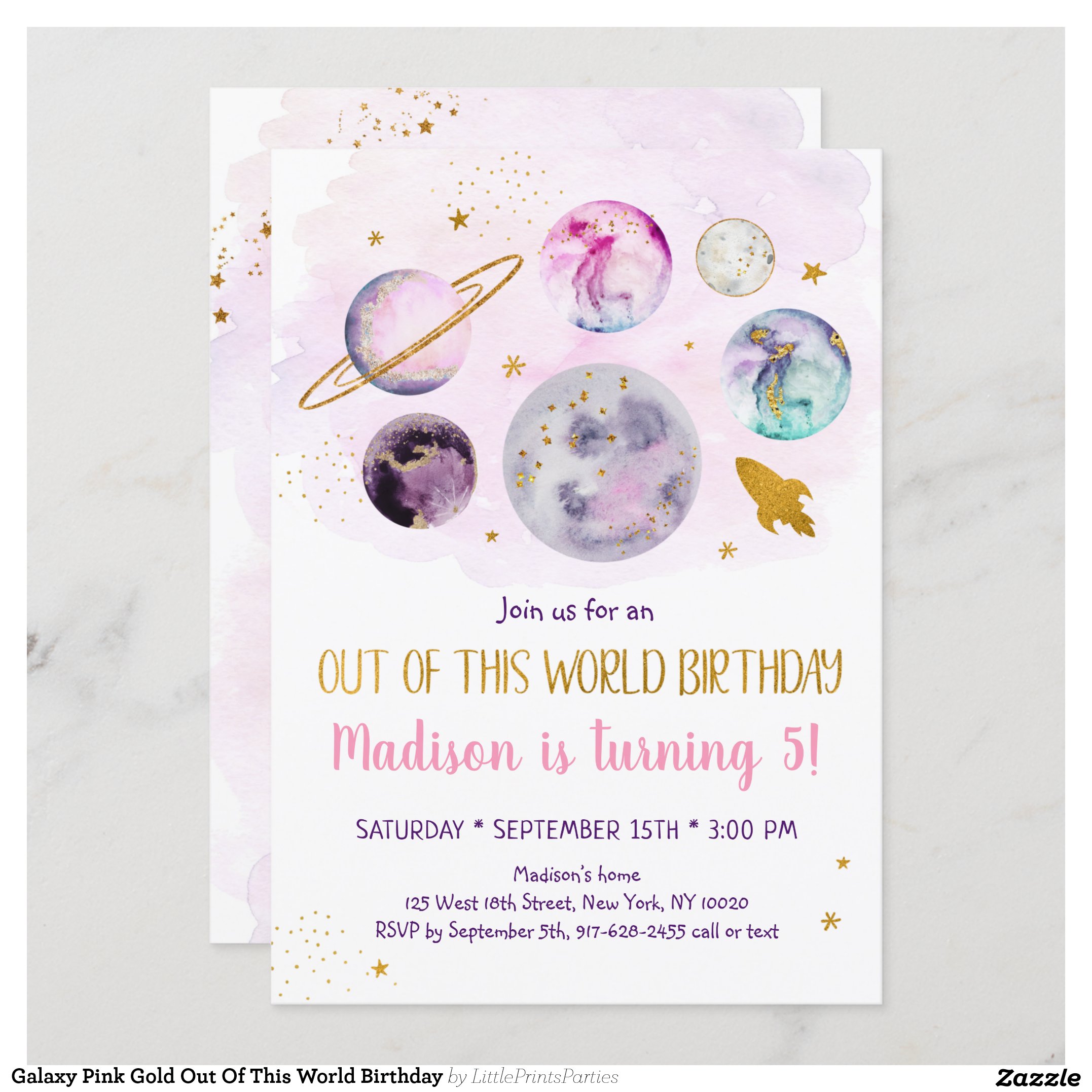 Galaxy Pink Gold Out Of This World Birthday Invitation