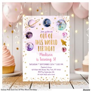 Galaxy Pink Gold Out Of This World Birthday Invitation
