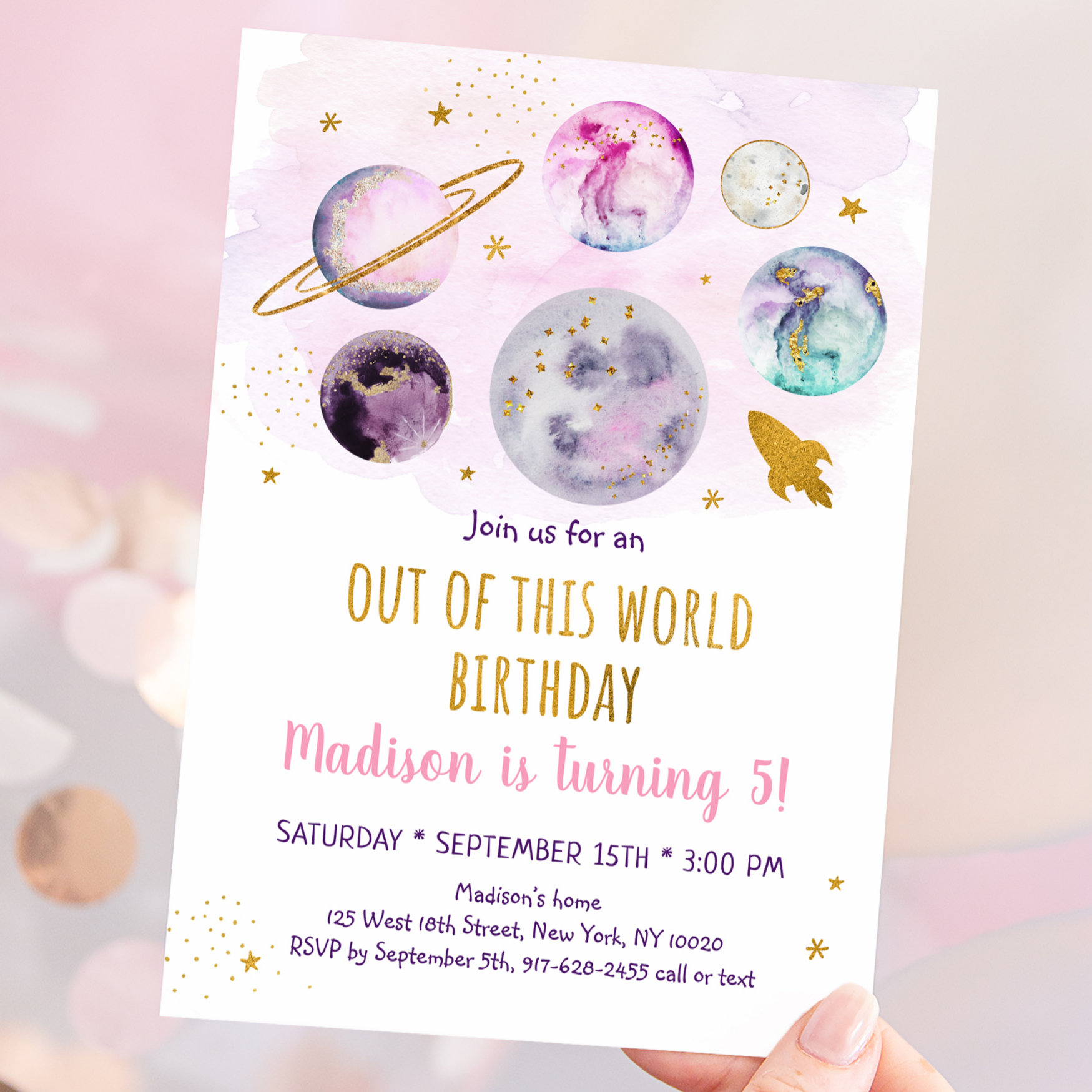 Galaxy Pink Gold Out Of This World Birthday Invitation