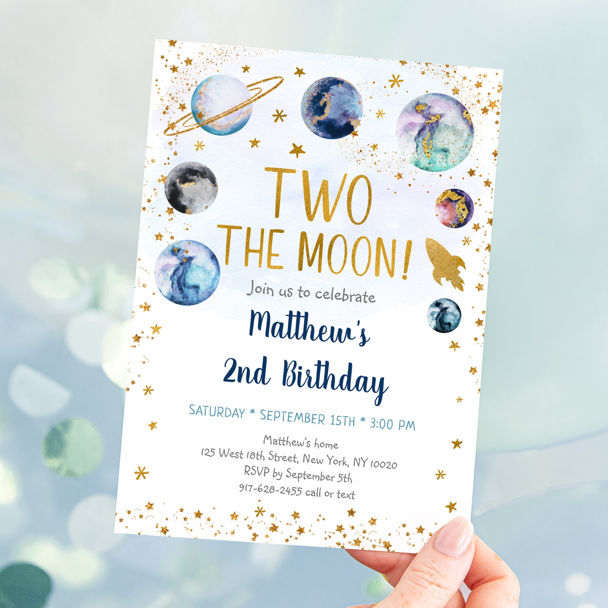 Galaxy Two The Moon Blue Gold Outer Space Birthday Invitation